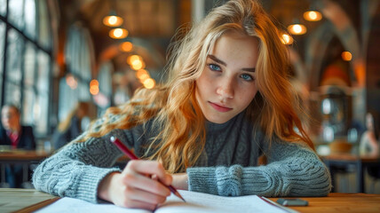 Young woman sits at the desk and completes the task.