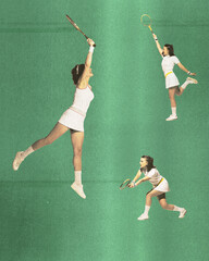 Poster. Contemporary art collage. Young athlete woman in retro ununiform playing tennis in motion...