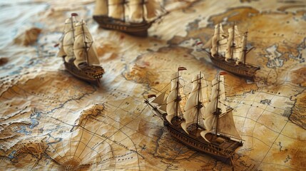 A map of the world with four small sailboats on it. The sailboats are placed in different locations on the map, with one in the middle and the other three on the right side