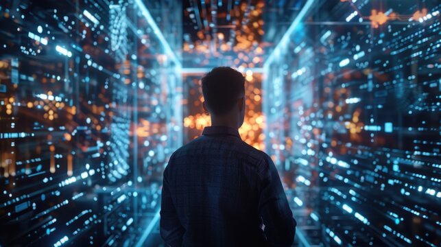 Technician holding digital tablet while examining server in server room