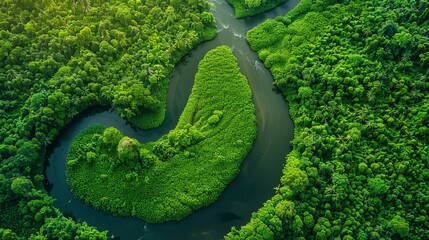 A river with a green bend in it. The water is clear and the trees are lush and green