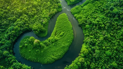 Fototapeten A river with a green bend in it. The water is clear and the trees are lush and green © Sodapeaw