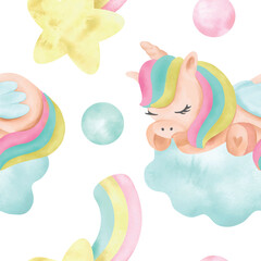 Unicorn on a cloud, rainbow, star, watercolor. Seamless pattern. Hand drawn vector illustration in pastel colors for cards, invitations, textiles, wrapping paper, clothing, covers, wallpaper.