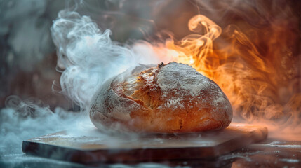 Freshly baked bread with smoke effect. Loaf of bread. Fresh breadstuff.