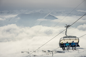 Aerial drone view of Gudauri ski resort in winter. Caucasus mountains in Georgia.  Kudebi, Bidara, Sadzele, Kobi aerial panorama in caucasus winter mountains.