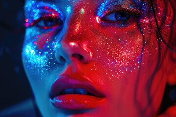 Colorful neon makeup on high fashion model in studio.