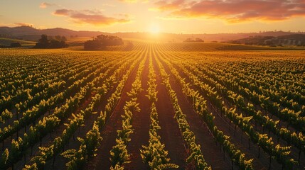 A field of grapes with the sun setting in the background. The sun is setting behind the hills and the sky is a mix of orange and pink. The field is full of grape vines - obrazy, fototapety, plakaty