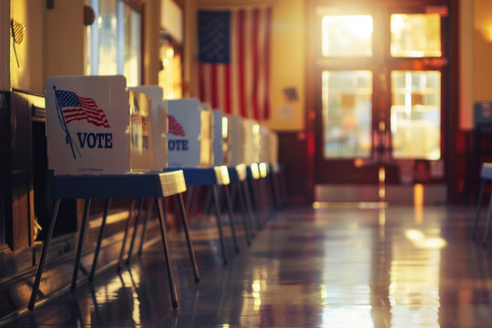 Word Vote, Straight on row of voting booths at polling station during American election. US flag in background.