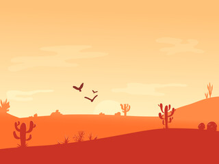 Fototapeta na wymiar Dawn in the Desert panoramic view with dunes, mountains and cactus. Wild west Sunrise postcard. Poster template with desert landscape. Cartoon vector illustration with place for text.