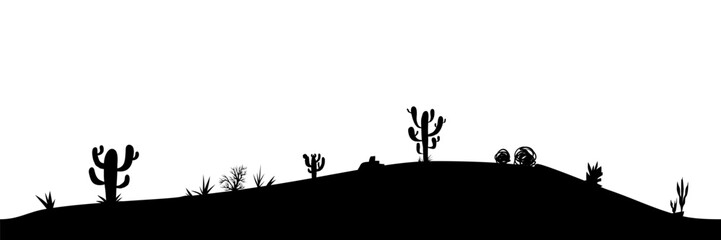 Black silhouette of Desert landscape with cacti and plants isolated on white. Vector collage element of nature, horizontal background. Desert seamless pattern.