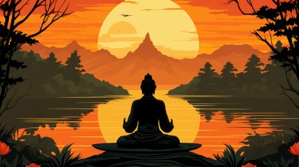 Person Sitting in Lotus Position at Sunset