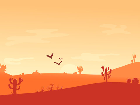 Dawn in the Desert panoramic view with dunes, mountains and cactus. Wild west Sunrise postcard. Poster template with desert landscape. Cartoon vector illustration with place for text.