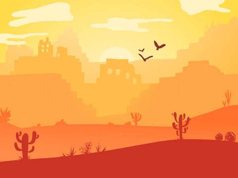 Cartoon desert landscape with cactus, hills, golden sand dunes and stones, birds, sun and mountains silhouettes. Texas western mountains and abandoned ruins, vector nature horizontal background.