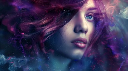 Ethereal Woman with Vibrant Hair Amidst a Cosmic Mist. Surreal Portrait with a Mystical Atmosphere, Ideal for Artistic Projects. Fantasy-Inspired Visuals for Creative Expression. AI