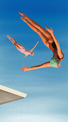 Fototapeta premium Poster. Contemporary art collage. Athlete women in swimwear and caps posing in mid air while jumped from platform to water. Concept of sport, active lifestyle, tournament. Retro effect, art style.