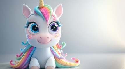 Obraz premium A cartoon unicorn with rainbow hair and a unicorn horn. The unicorn is smiling and looking at the camera