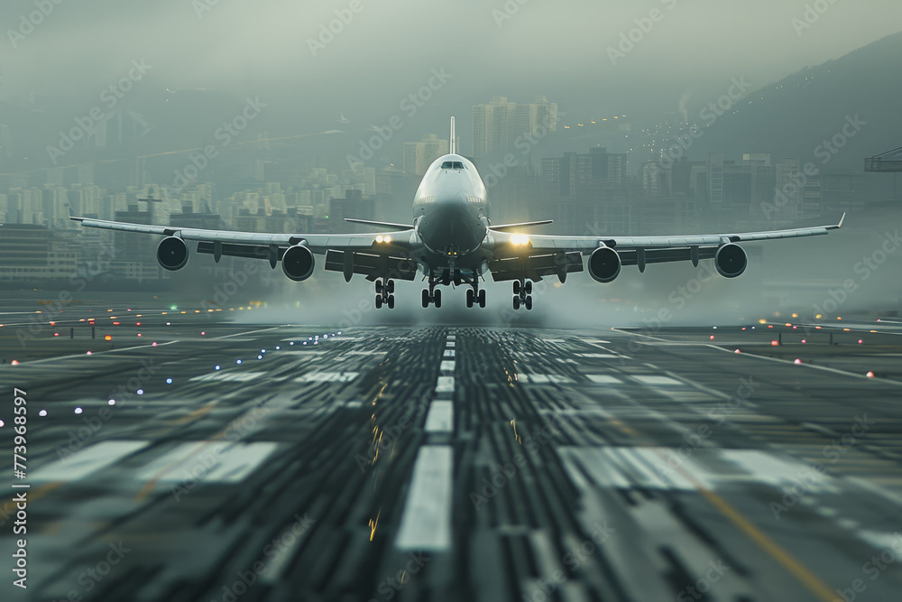 Wall mural about the logistic job. airplane, front view, realistic, runway blurred in the background.