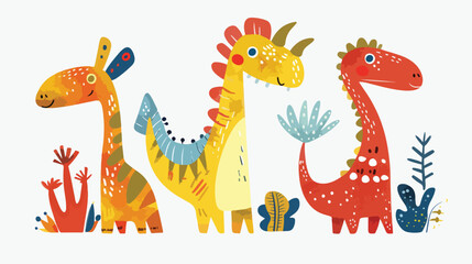 Cute illustration of three colorful dinosaur monsters