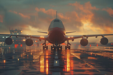 About the logistic job. airplane, front view, realistic, runway blurred in the background. - obrazy, fototapety, plakaty