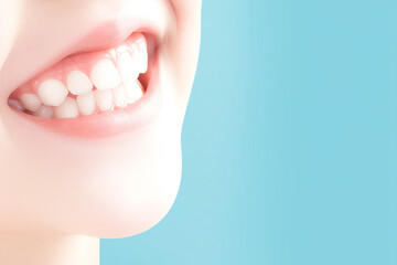 dental care concept, white teeth on blue background