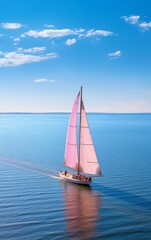Pink Sailboat Sailing in Open Ocean
