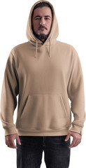 Mockup of tan, nude, beige hoodie on a man with a beard, PNG, front view