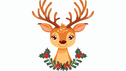 Cute smiling deer cartoon with christmas wreath flat 