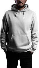 White hoodie mockup on a man with a beard, PNG, front view