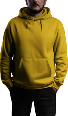 Yellow hoodie mockup on a man with a beard, png, front view