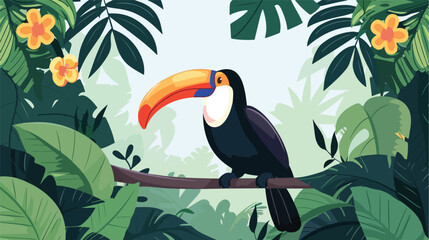Obraz premium Cute toucan bird in forest scape scene flat vector 