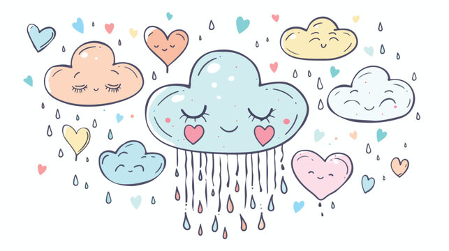 Cute vintage heart rain cloud in childish style. hand-