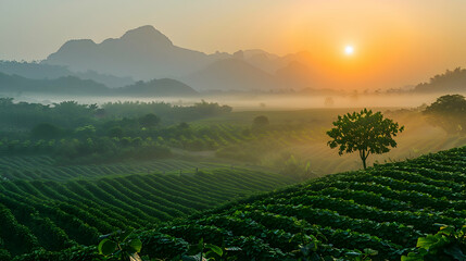 A peaceful sunrise illuminates the terraced fields of a monk fruit farm nestled in a tranquil valley, symbolizing a new day in agriculture.