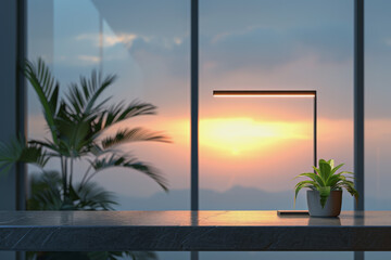 A minimalist with a single desk facing a large window, featuring a potted plant lamp.