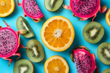 Top view of fresh slices of orange and dragon fruit on a vibrant blue background with copy space,...