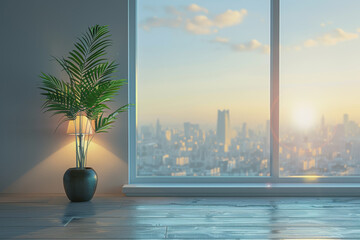 A minimalist with a single desk facing a large window, featuring a potted plant lamp. - obrazy, fototapety, plakaty