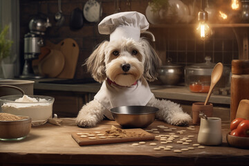 a little dog baking his own cookies in the kitchen