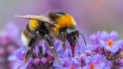 Enchanting bee pollinates vibrant flower in captivating illustration - obrazy, fototapety, plakaty