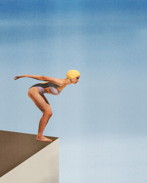 Poster. Contemporary art collage. Young athlete woman in retro swimsuit and cap stands on edge of platform to diving to water. Concept of sport, active lifestyle, tournament. Retro effect, art style.