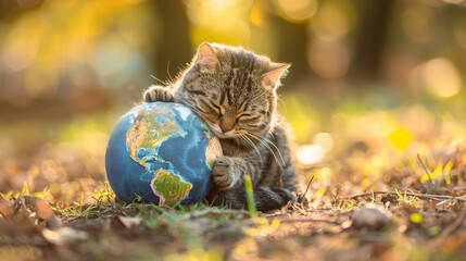 Little cat hugging mini earth. Loving earth and nature. Mother nature. Cute animal.