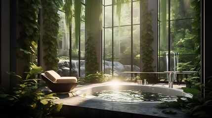 Transport yourself to a virtual retreat where the AI crafts a tranquil scene of a spa-like setting, integrating a verdant view outside the window with modern interior design elements - obrazy, fototapety, plakaty
