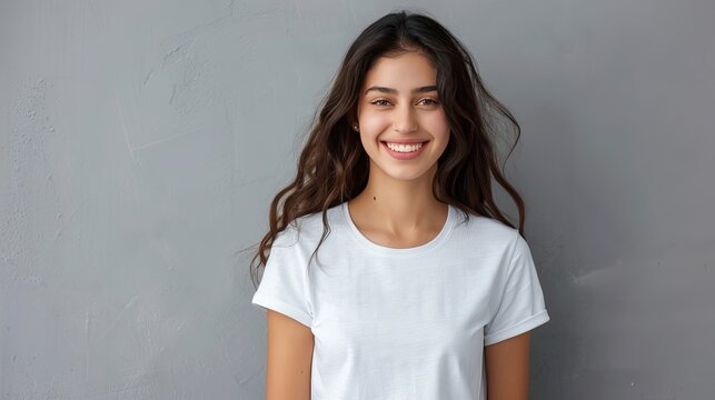 Isolated against a grey studio background, a content, grin-filled, millennial Indian woman looks confident and happy while wearing a white mock-up t-shirt for design advertising, copy space for text.