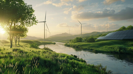 Wind turbines near the river. Modern renewable energy sources. Ecology and environment.