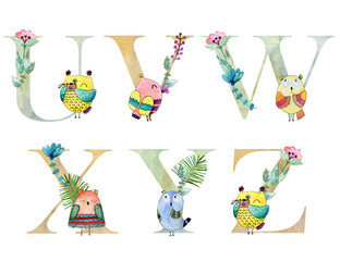 Watercolor letters with colorful owls for invitation card, nursery poster and other. - 773971927