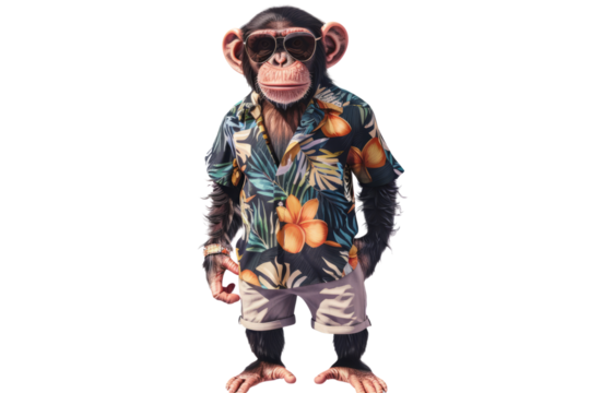 Fashionable monkey in a tropical print shirt and Bermuda shorts is ready to relax, isolated on white