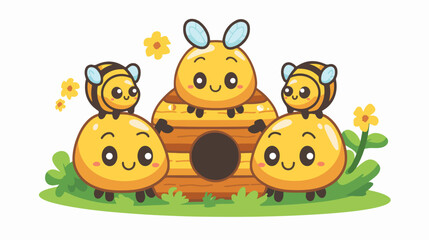 Cute kawaii Beehive with Bees cartoon character colori