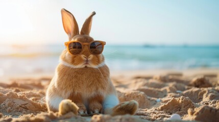 A brown rabbit on the beach wearing orange sunglasses, with the sea in the background during sunset.
