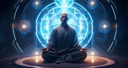 Man Sitting in Lotus Position With Backlit Background
