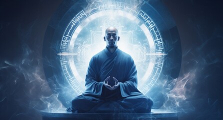 Man Meditating in Front of Blue Light