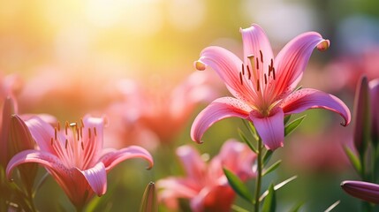 Beautiful blurred pink lily flower (very shallow DOF, selective focus) - obrazy, fototapety, plakaty