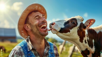 A joyful farmer laughs as a cow licks his face, outdoors with clear blue skies in the background.